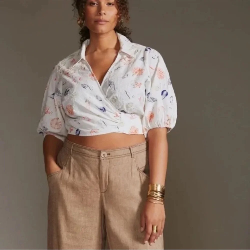 Anthropologie White and Orange Pajama Set with Whimsical Design Seashells Sea M2 - Picture 10 of 10